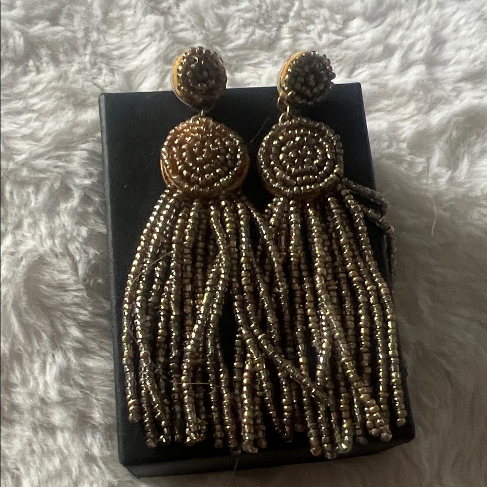 J Crew Elegant Gold Beaded Tassel Earrings